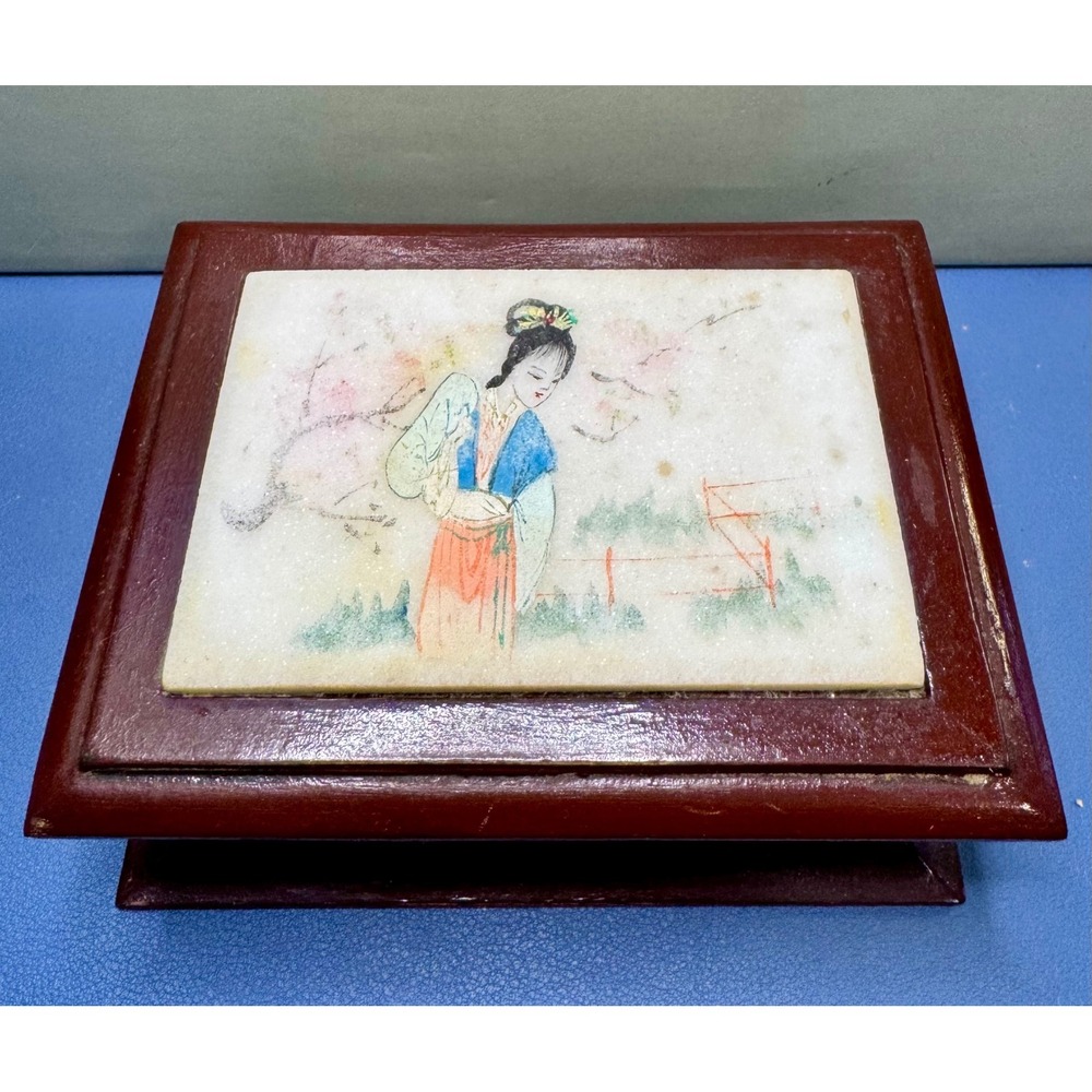Vintage Chinese Wood Trinket Box Hand Painted Marble Inset Panels Asian Art 5in
